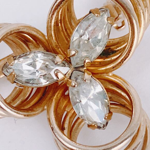 Vintage Mid Century Brooch Wire Loop Marquise Rhinestones Atomic Gold Tone - Picture 5 of 10